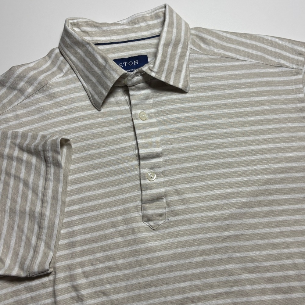 Eton Contemporary Linen Blend Pique Polo Shirt Mens L Tan White Striped - Picture 3 of 7